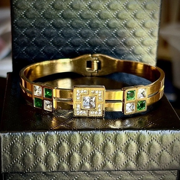 - Art Deco Simulated Emerald & Diamond Cuff Bracelet~14K Yellow Gold Plate - Picture 2 of 4